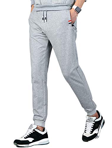 Leezepro Sporthose Herren Lang Baumwolle mit Reißverschlusstaschen Jogginghose Trainingshose für Workout Fitness Joggen (S, Hellgrau) von Leezepro