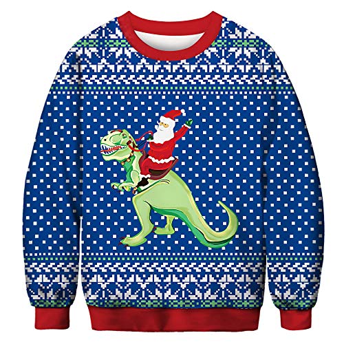 Leezeshaw Herren Frohe Weihnachten Pullover, Unisex Lustige Hässliche Weihnachtspullover 3D Xmas Katze Kuh Elf Gedruckt Sweatshirt Pullover Top M-XXL, Santas Dinosaurier, XXL von Leezeshaw