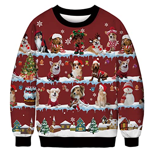 Leezeshaw Herren Frohe Weihnachten Pullover, Unisex Lustige hässliche Weihnachtspullover 3D Xmas Katze Kuh Elf Gedruckt Sweatshirt Pullover Top M-XXL, Weihnachtshund, L von Leezeshaw