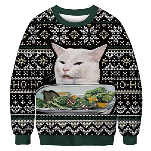 Leezeshaw Herren Frohe Weihnachten Pullover, Unisex Lustige hässliche Weihnachtspullover 3D Xmas Katze Kuh Elf Gedruckt Sweatshirt Pullover Top M-XXL, Xmas Cat02, M von Leezeshaw