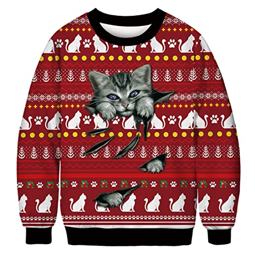 Leezeshaw Herren Frohe Weihnachten Pullover, Unisex Lustige hässliche Weihnachtspullover 3D Xmas Katze Kuh Elf Gedruckt Sweatshirt Pullover Top M-XXL, Xmas Cat05, L von Leezeshaw