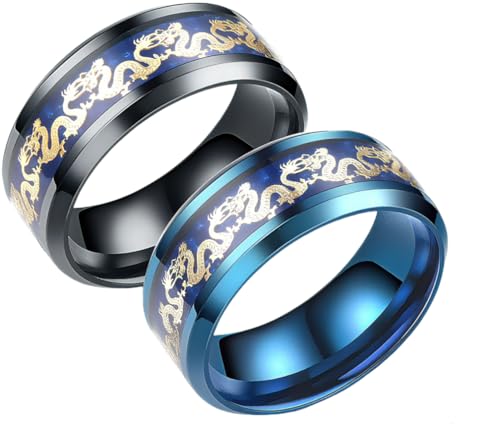 Left Girl 2 Stücke Titan Stahl Ringe Drache Schwarz Und Blau Mannnes Geschenke Hochzeit Band Schmuck Größe 6-12-11_Blau + Schwarz von Left Girl