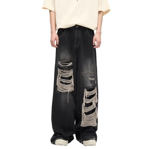 Left Girl Herren Zerrissene Schwarze Jeans Harajuku Hose Mit Weitem Bein Denim Baggy Y2K Cargohose Streetwear Stil Kleidung Gothic,Schwarz,M von Left Girl