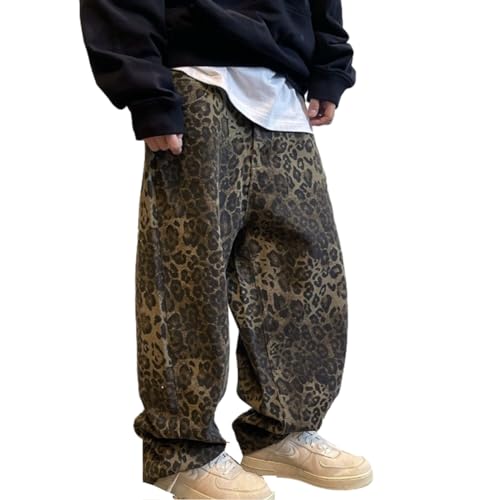 Left Girl Tan Leopard Jeans Männer Denim Hosen Männlichen Übergroßen Breite Bein Hosen Street Hip Hop Vintage Kleidung Lose Beiläufige,Leopard,L von Left Girl