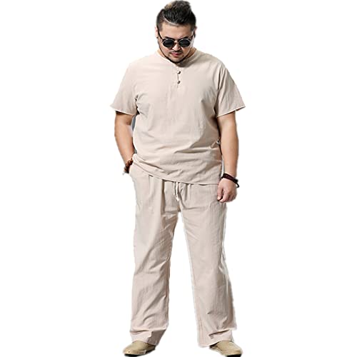 Left Girl Übergröße 2 Pcs Set Herren Männerhosen Set T-Shirt Und Hose Set Größe Kleidung Trainingsanzug Anzug Leinen Übergewicht T-Shirt Casual Hose,beige,7XL von Left Girl