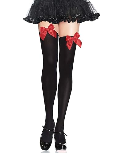 LEG AVENUE 6255 - Blickdichte Nylon Overknee Mit Satin Schleife, Einheitsgröße (EUR 36-40), schwarz/rot, Damen Karneval Kostüm Fasching von LEG AVENUE