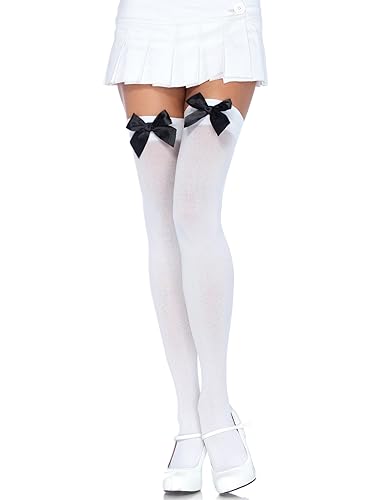 LEG AVENUE 6255 - Blickdichte Nylon Overknee Mit Satin Schleife, Einheitsgröße (EUR 36-40), weiß/schwarz, Damen Karneval Kostüm Fasching von LEG AVENUE