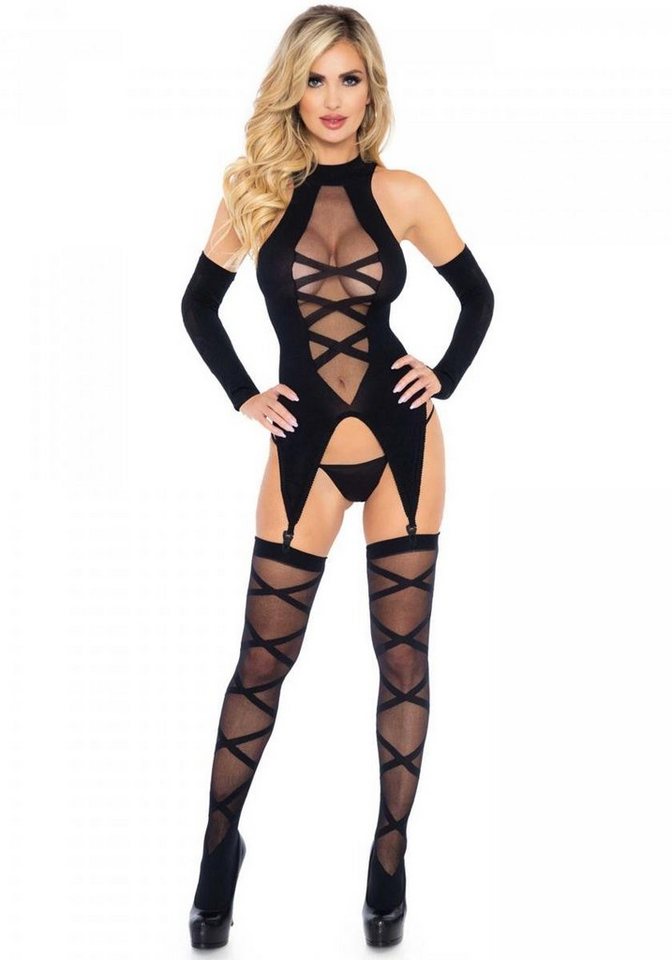 Leg Avenue Bodystocking 3 tlg Dessous-Set Body mit Strumpfhalter und Strümpfen - schwarz von Leg Avenue