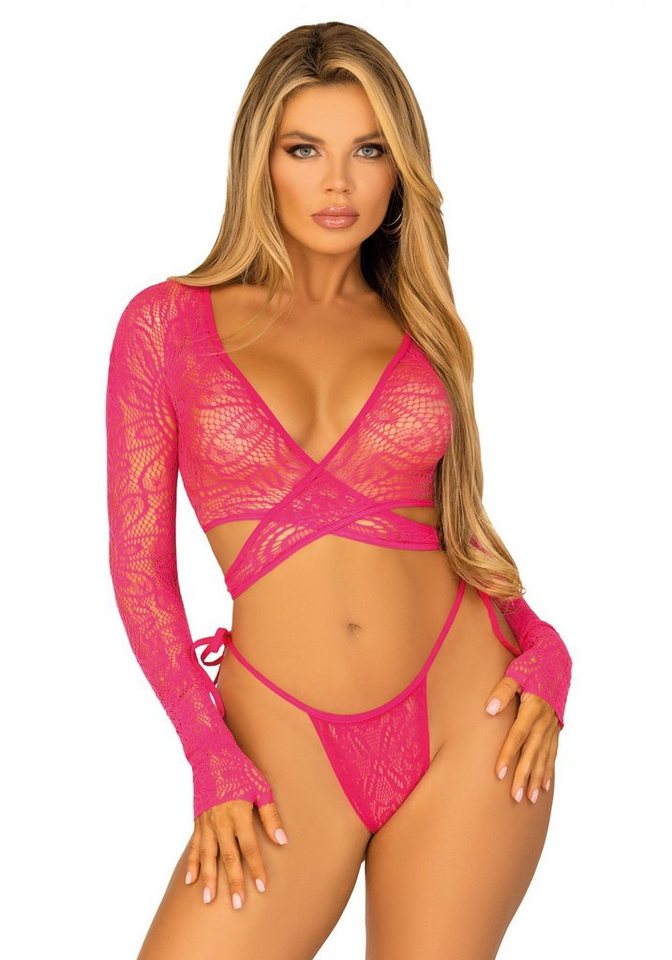 Leg Avenue Crop-Top Langarm Wickel-Top und String aus Spitze - pink von Leg Avenue