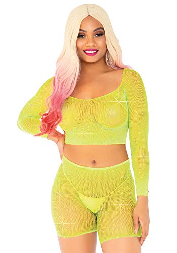 Leg Avenue Damen 2 PC Rhinestone Fishnet Top and Shorts Dessous-Set, Neongelb, Einheitsgröße von LEG AVENUE