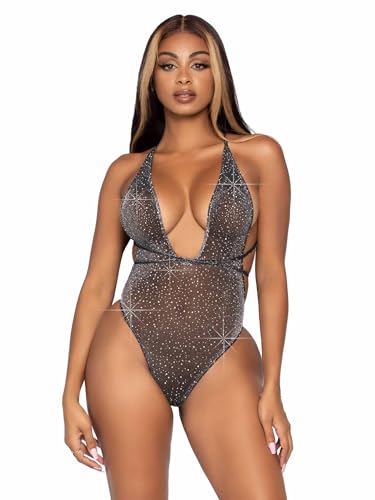 LEG AVENUE Damen Shimmer Sheer Lurex Rhinestone Teddy Dessous Set, Black, Silver, Einheitsgröße EU von LEG AVENUE