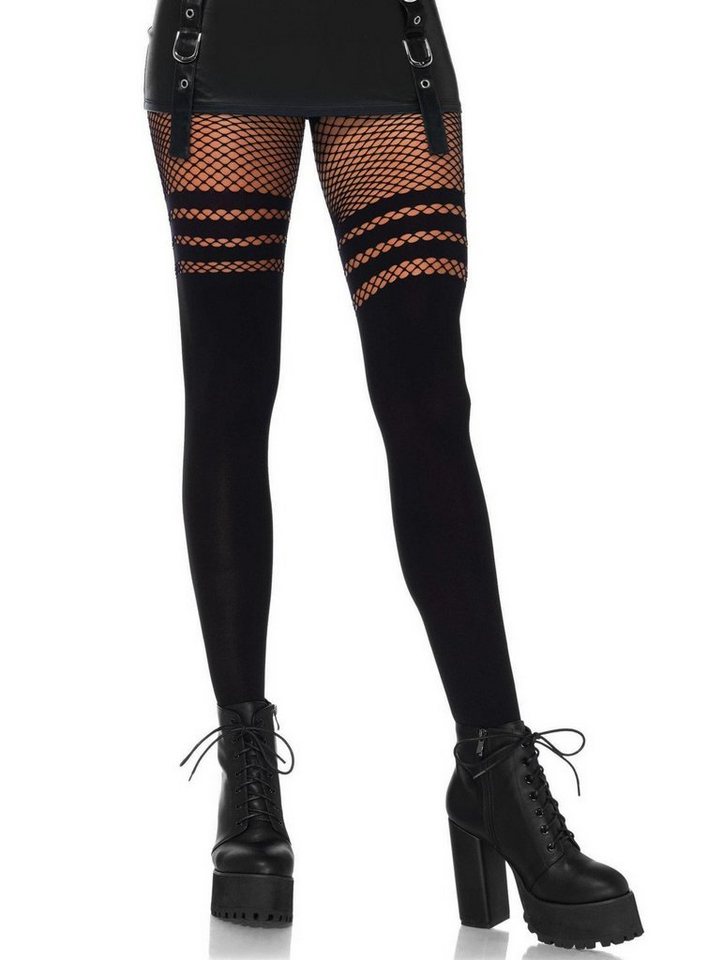 Leg Avenue Feinstrumpfhose Netzstreifen Strumpfhose Unten klasisch und blickdicht, oben Fishnet von Leg Avenue