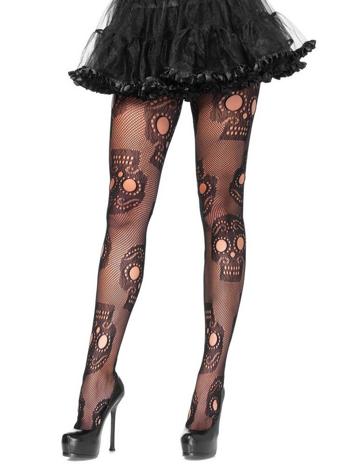 Leg Avenue Feinstrumpfhose Totenkopf Strumpfhose - für Halloween Kostüm Damen Totenkopf Strumpfhose als Beinkleid für Horrorfans von Leg Avenue