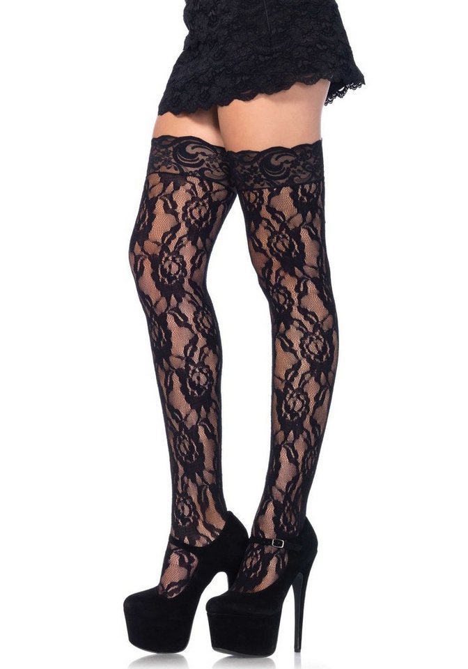 Leg Avenue Halterlose Strümpfe Damen halterlose Spitzen Strümpfe in schwarz Blumenmuster Einheitsgröße ca. 36 bis 40 von Leg Avenue