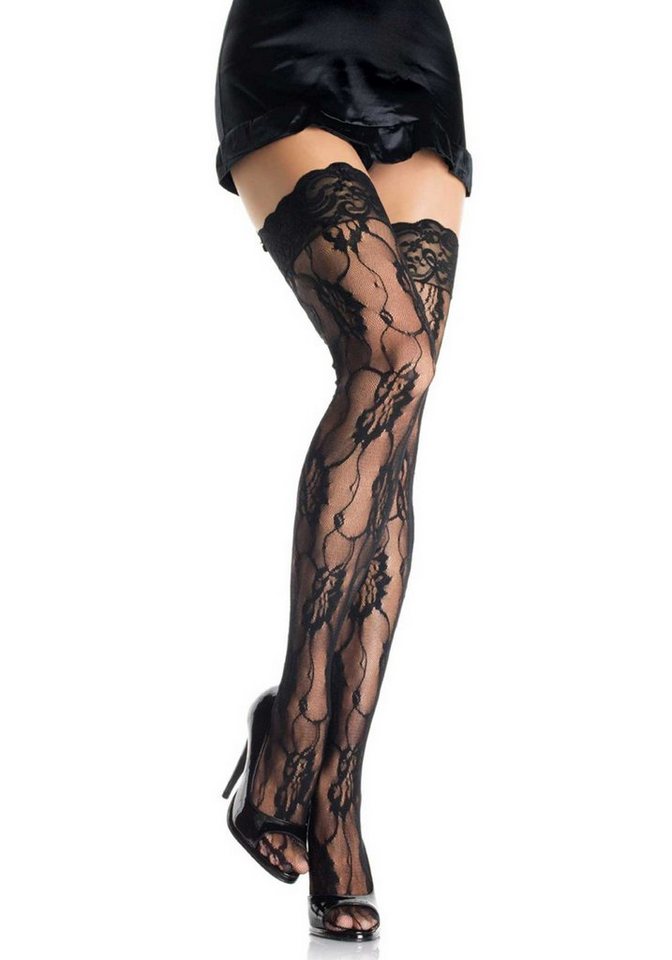 Leg Avenue Halterlose Strümpfe Damen halterlose Spitzen Strümpfe in schwarz Rosenmotiv Einheitsgröße ca. 36 bis 40 von Leg Avenue