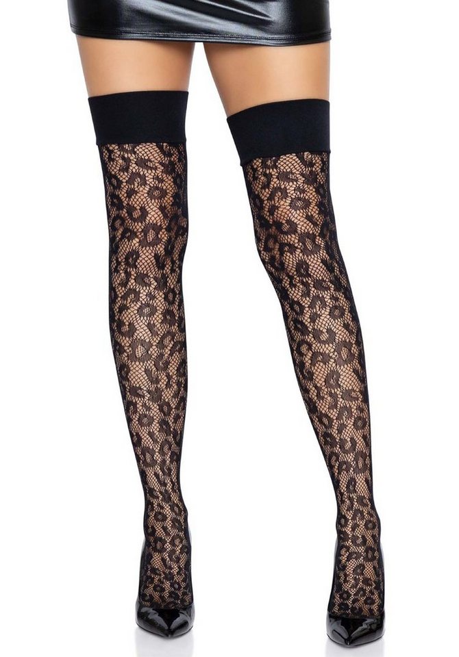 Leg Avenue Halterlose Strümpfe Halterlose Strümpfe mit Leoparden-Muster - schwarz von Leg Avenue