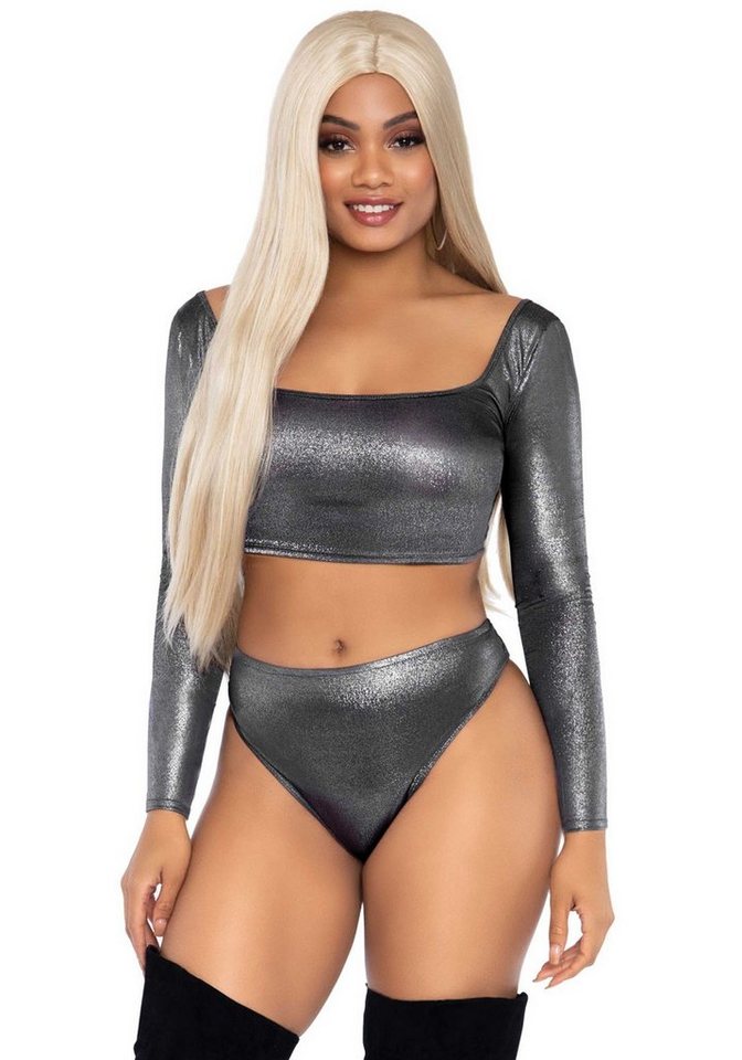 Leg Avenue High-Waist-Slip Crop-Top und Slip mit hoher Taille glänzend - silber (2-St) glänzender Stoff von Leg Avenue