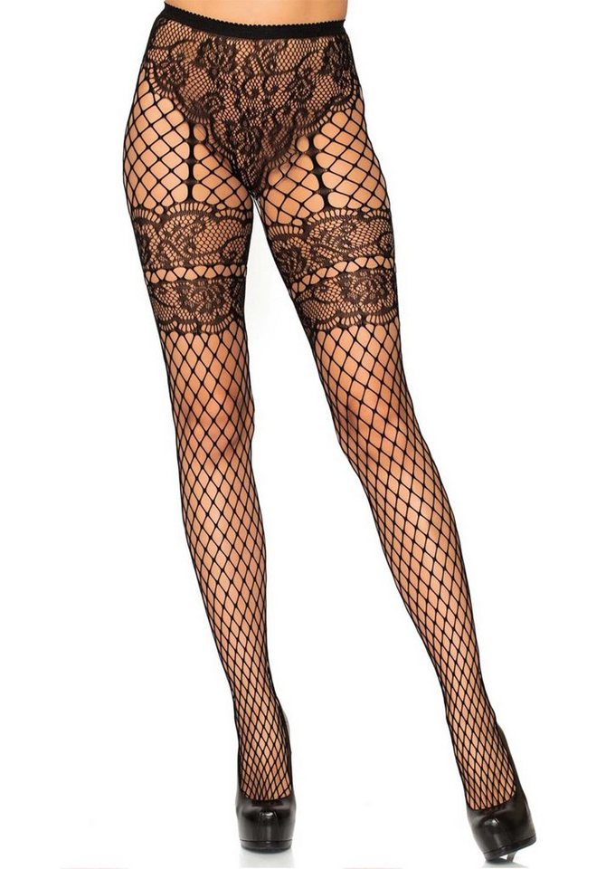 Leg Avenue Netzstrumpfhose Netz-Strumpfhose mit Spitzenmuster - schwarz von Leg Avenue