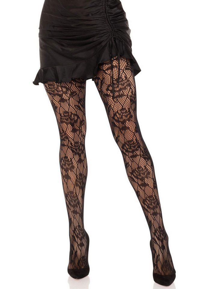 Leg Avenue Netzstrumpfhose Strumpfhose mit Rosenmuster - schwarz von Leg Avenue