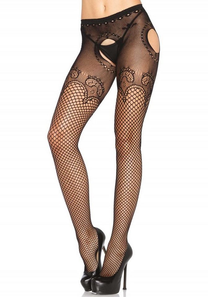 Leg Avenue Ouvert Strumpfhose Netz-Strumpfhose mit offenem Schritt und Muster - schwarz (1 St) transparent von Leg Avenue