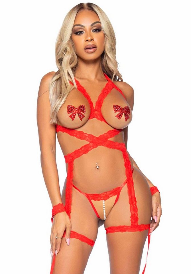 Leg Avenue Set: Bügelloser BH Spitzen-Dessous Perlen String Strumpfhalter - rot (3-tlg) mit offenem Schritt und Cups von Leg Avenue