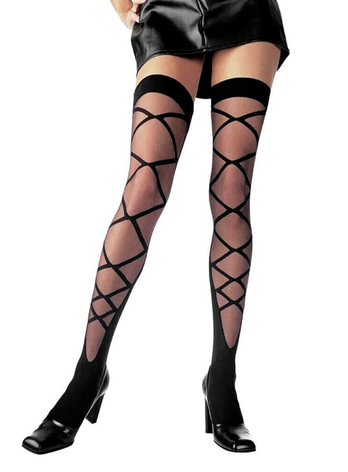 Leg Avenue Socken Schwarze Overknees mit Schnürmuster Lange Feinstrümpfe mit aufgedruckter Kreuzschnürung Leg Avenue Socken Schwarze Overknees mit Schnürmuster Lange Feinstrümpfe mit aufgedruckter Kreuzschnürung von Leg Avenue