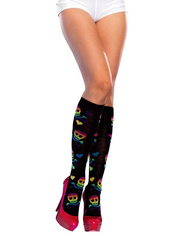 Leg Avenue Kniestrümpfe Totenkopf Kniestrümpfe für Halloween Kostüm Damen Skelettstrümpfe mit Schädeln in Regenbogenfarben von Leg Avenue