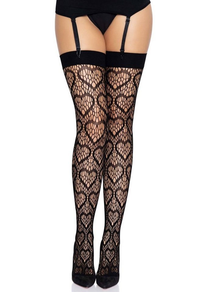 Leg Avenue Strapsstrümpfe Netz Strapsstrümpfe mit Herzmuster - schwarz (1-Paar) transparent von Leg Avenue