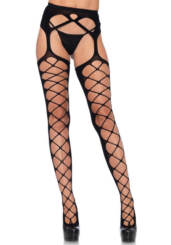 Leg Avenue Strapsstrümpfe Netz-Strapsstrümpfe mit Strumpfhalter - schwarz (1-Paar) mit offenem Schritt von Leg Avenue