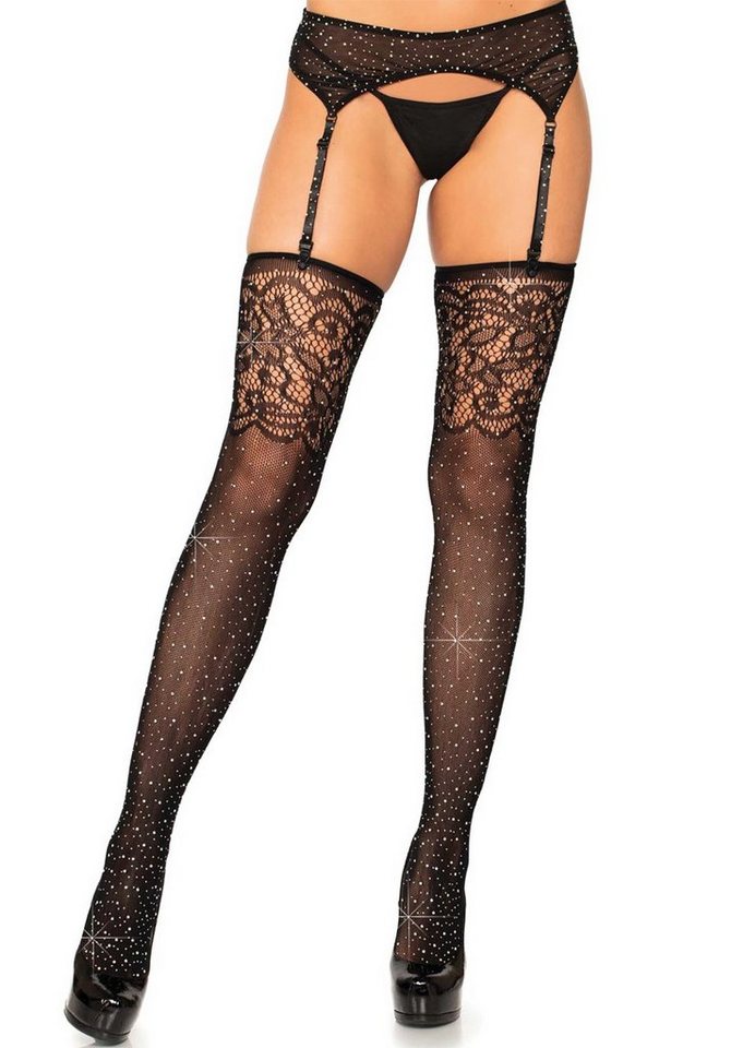 Leg Avenue Strapsstrümpfe Straps-Strümpfe mit Spitze und Schmucksteinen - schwarz mit offenem Schritt von Leg Avenue