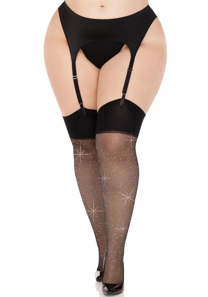 Leg Avenue Strapsstrümpfe Strapsstrümpfe mit Schmucksteinen Plus Size - schwarz (1-Paar) schillernde Strassstrümpfe in Übergröße von Leg Avenue
