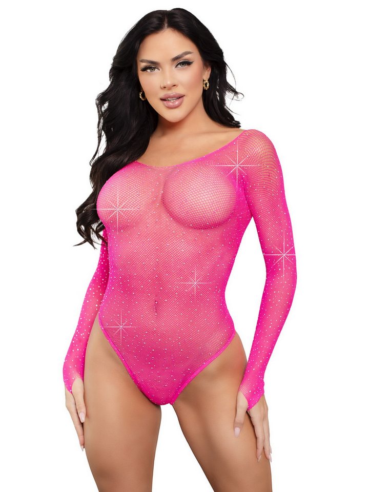 Leg Avenue Stringbody Langarm Netz-Body mit Schmucksteinen - pink (1-tlg) transparent von Leg Avenue