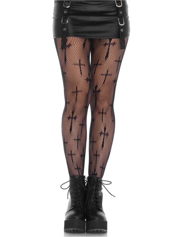 Leg Avenue Strumpfhose Kreuz Strumpfhose - für Halloween Kostüm Damen (1 St) Schwarze Fishnet-Strumpfhose mit christlichen Kreuzen von Leg Avenue