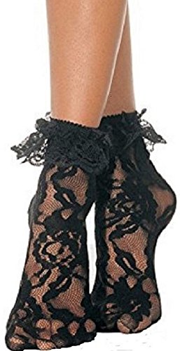 Leg Avenue Damen Nylonsöckchen Schwarz mit Rüsche und Spitze mit Blumenmuster Einheitsgröße 36 bis 40 von LegAve