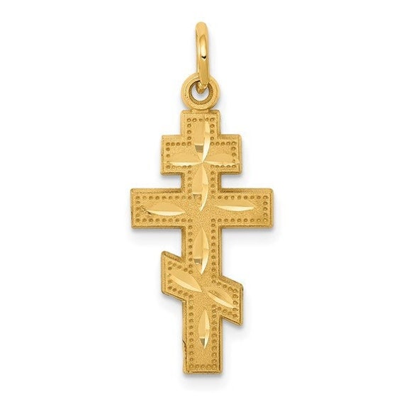 14Kt Gelbgold Gebürstet Östlich-Orthodoxe Kreuz Anhänger Charme Neu 23mm Detailliert von LegacySaintJewelry