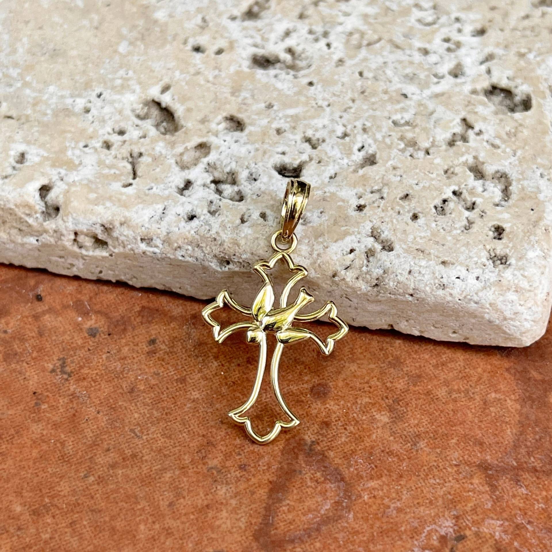 14Kt Gelbgold Kleines Cut-Out Kreuz Mit Taube Anhänger Charm Glänzend Neu von LegacySaintJewelry