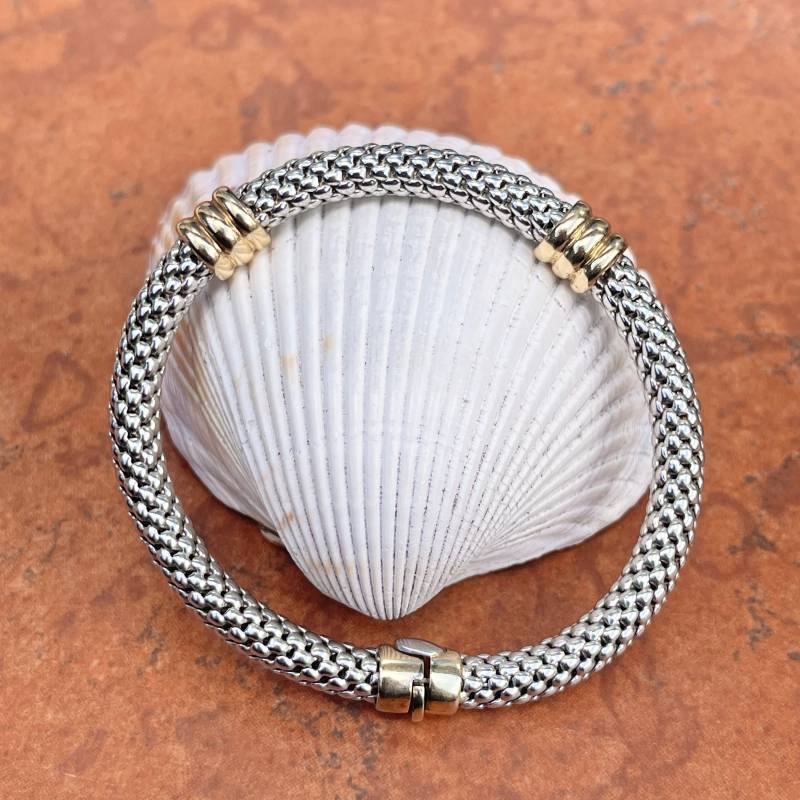 Nachlass 14Kt Weiß - Und Gelbgold Zweifarbiges Design Popcorn Mesh Link Weiches Abgerundetes Armreif Armband 8.5-6 Mm Breite 7.25 Länge von LegacySaintJewelry