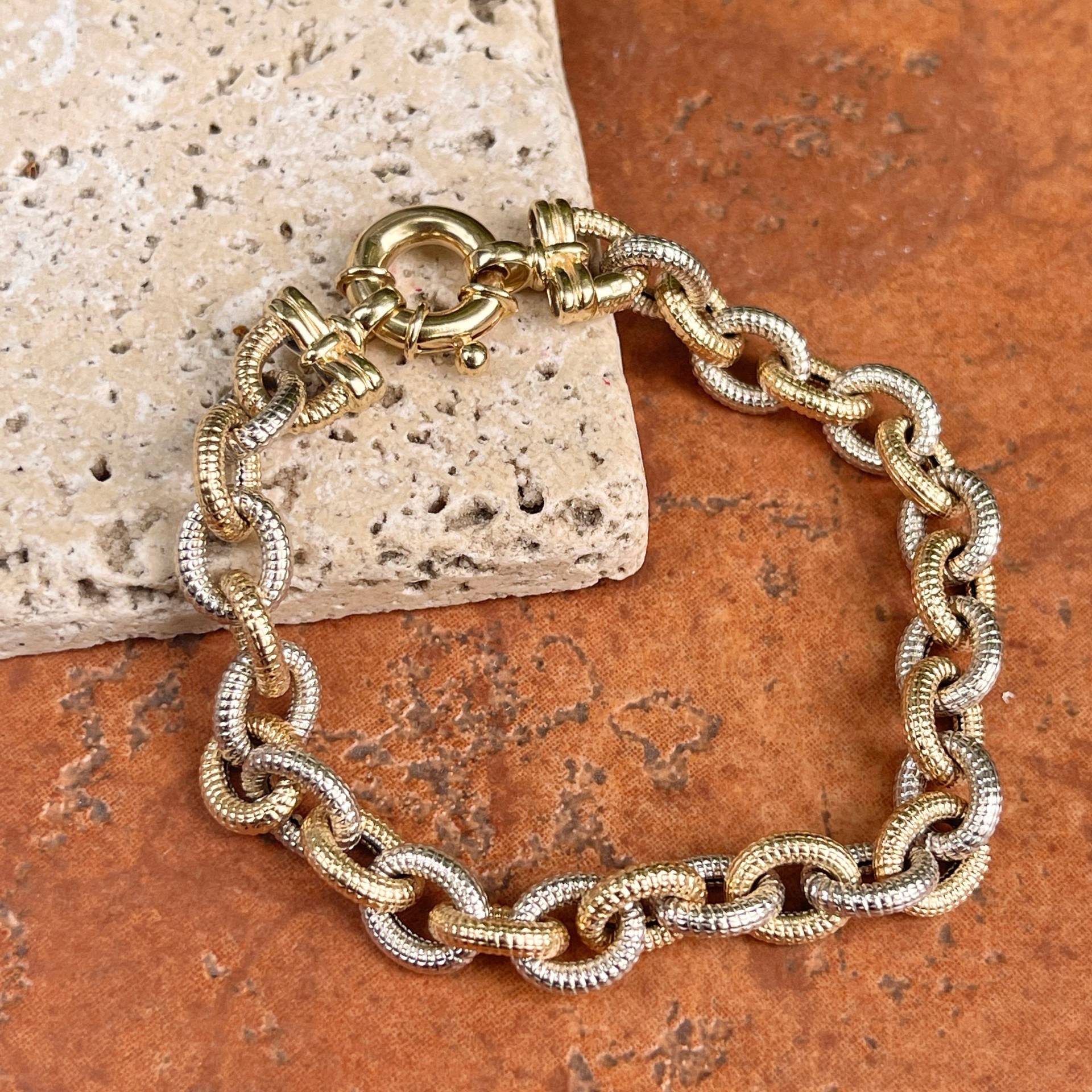 Vintage 14Kt Gelbgold + Weißgold Glänzend Abgerundetes Rolo Chunky Kettenglied Armband Knebelverschluss Zweifarbig von LegacySaintJewelry