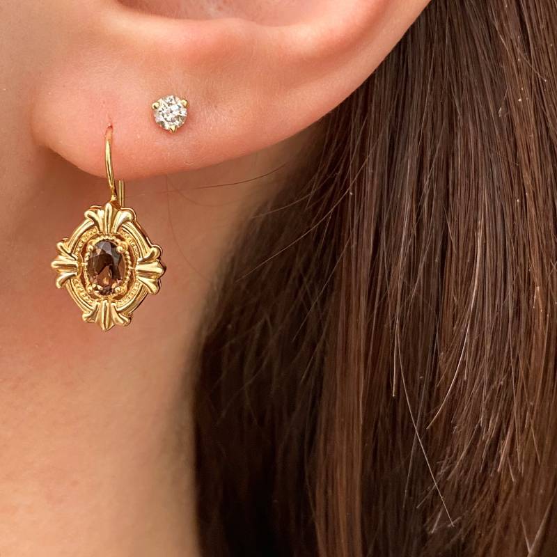 Vintage 14Kt Gelbgold Oval Rauchquarz Set Lever Zurück Baumeln Tropfen Ohrringe European Flare von LegacySaintJewelry