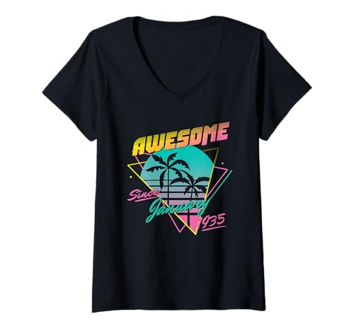 Damen Awesome Since January 1935 T-Shirt mit V-Ausschnitt von Legend Since Birthday Retro Palm