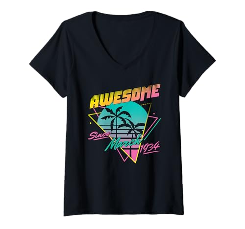 Damen Awesome Since March 1934 T-Shirt mit V-Ausschnitt von Legend Since Birthday Retro Palm