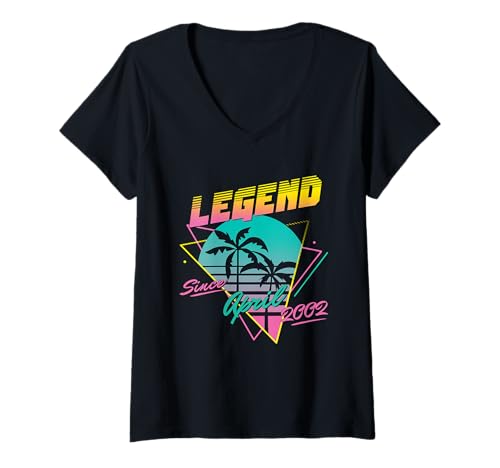 Damen Legend Since April 2002 T-Shirt mit V-Ausschnitt von Legend Since Birthday Retro Palm