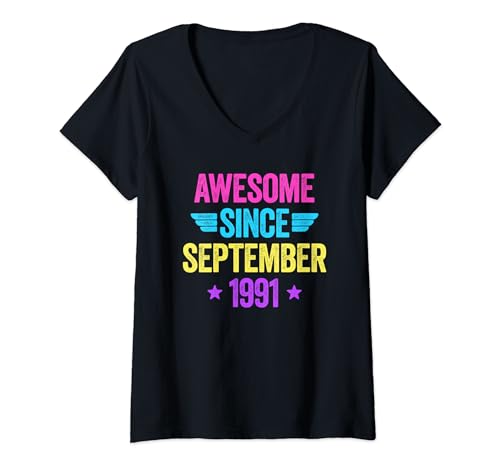 Damen Awesome Since September 1991 T-Shirt mit V-Ausschnitt von Legend Since Birthday
