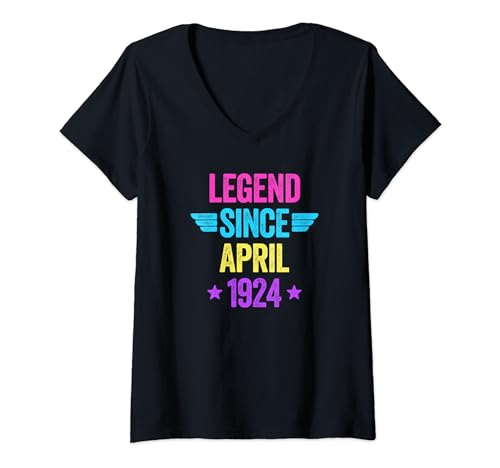 Damen Legend Since April 1924 T-Shirt mit V-Ausschnitt von Legend Since Birthday