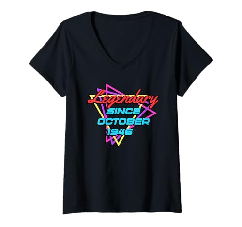 Damen Legendary Since October 1946 T-Shirt mit V-Ausschnitt von Legend Since Birthday