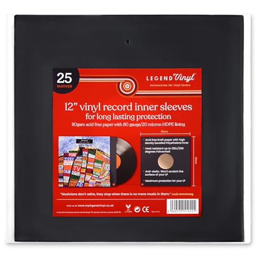 Vinyl-Schallplatten-Innenhüllen mit säurefreiem Papier und HDPE-Futter – Schwarz – maximaler Schutz für Ihre LPs (Schwarz, 25 Hüllen) von Legend Vinyl