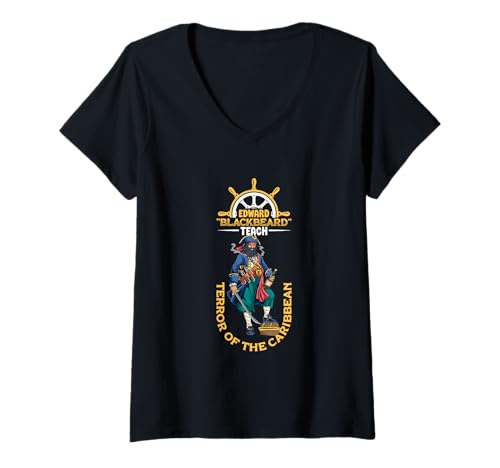 Damen Blackbeard - Schrecken der Karibik T-Shirt mit V-Ausschnitt Damen Blackbeard - Schrecken der Karibik T-Shirt mit V-Ausschnitt von Legendäre Piraten Designs