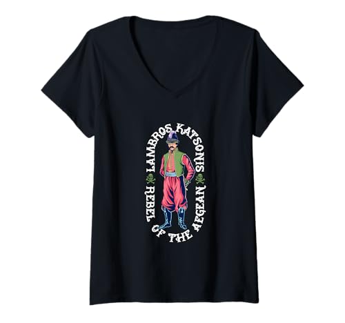 Damen Lambros Katsonis - Rebell der Ägäis T-Shirt mit V-Ausschnitt Damen Lambros Katsonis - Rebell der Ägäis T-Shirt mit V-Ausschnitt von Legendäre Piraten Designs