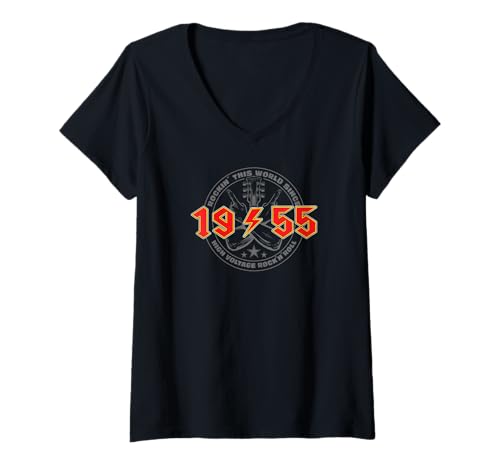 Damen Rock'n'Roll 1955 High Voltage Retro Musik Geburtstags T-Shirt mit V-Ausschnitt von Legendäre Retro Rock Band Shirts High Voltage