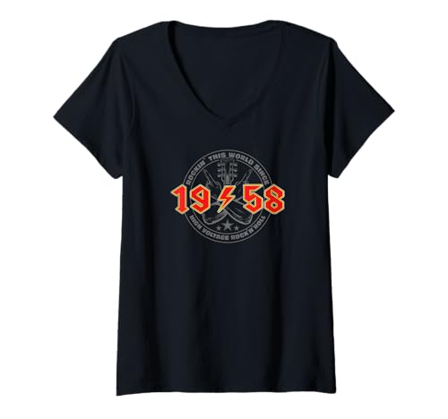 Damen Rock'n'Roll 1958 High Voltage Retro Musik Geburtstags T-Shirt mit V-Ausschnitt Damen Rock'n'Roll 1958 High Voltage Retro Musik Geburtstags T-Shirt mit V-Ausschnitt von Legendäre Retro Rock Band Shirts High Voltage